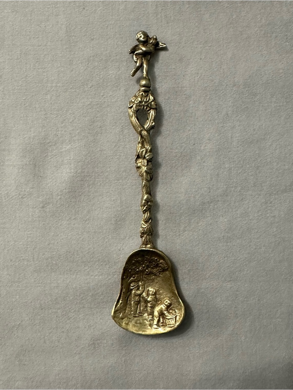 Vintage Italian Brass Souvenir Spoon Cherub Angel Figural Scenic Bell Bowl Italy